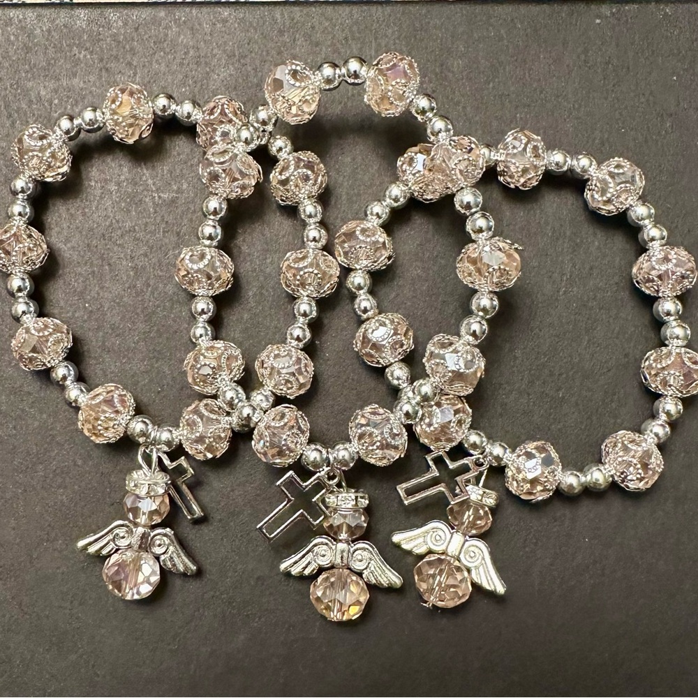 (3) Silver and Beaded Angel and Cross Charm Bracelets